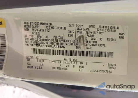 2019 Ford Ranger Xlt из США, поврежденный, VIN 1FTER4FH3KLA43426